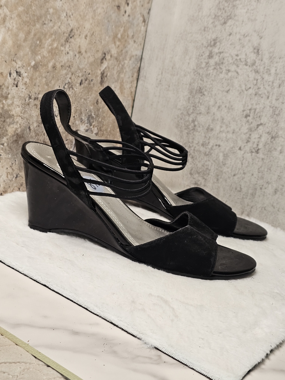 Women's Black Wedge Sandals with Strappy Ankle Detail